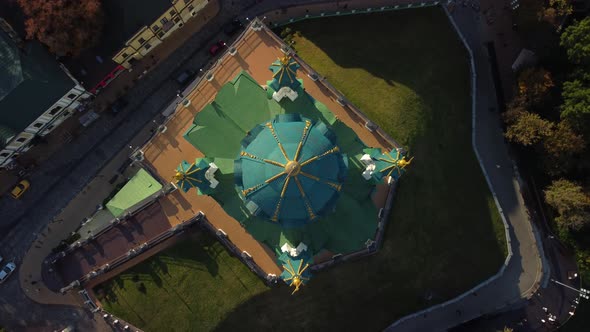 Aerial view of Andriivska Church and historical part of Kyiv - Podil