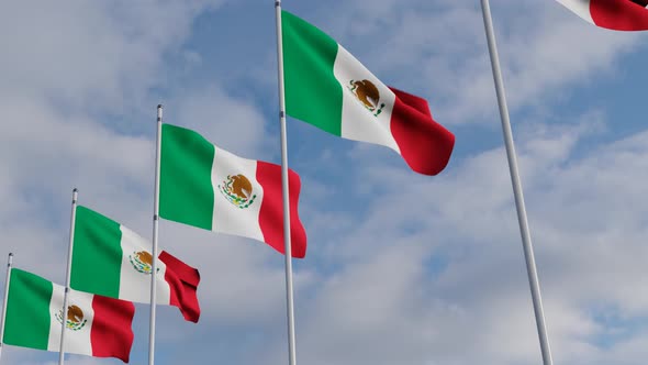 Waving Flags Of The Mexico blue sky