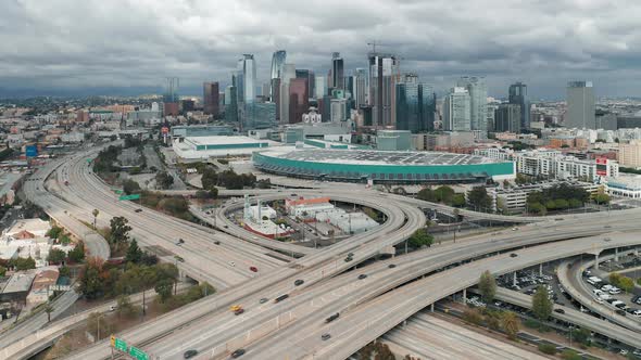 Busy Highway Overhead  Drone View. Scenic Downtown Los Angeles Aerial View.