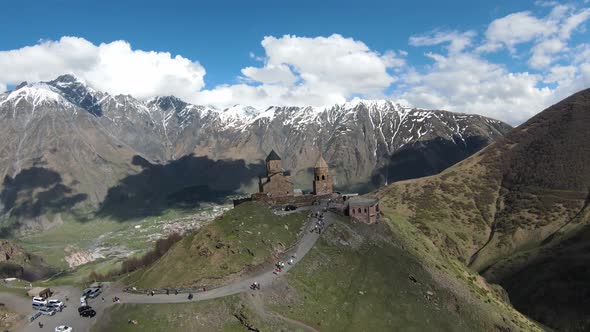 Drone Shot of Castle and Cathedral on the Way to Gudauri