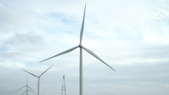 Windmills, Khao Kho, Phetchabun, Thailand. Aerial view generator electric power park system.