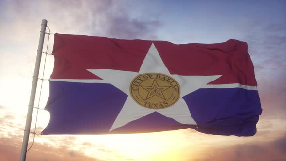 Flag of Dallas City of Texas Waving in the Wind Sky and Sun Background