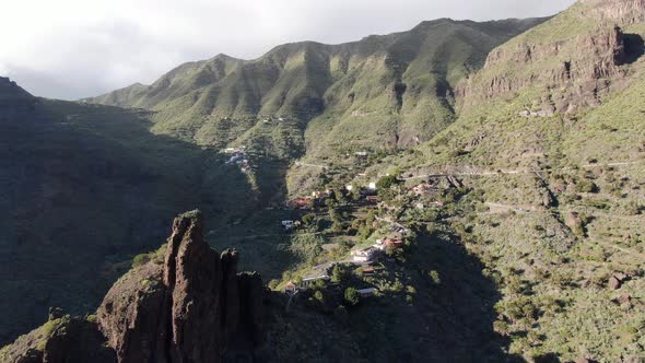 Flying over Masca village and canyon, Tenerife, Canary Islands, Spain