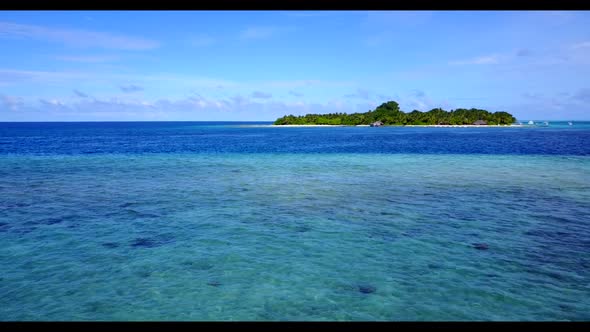 Aerial view tourism of tranquil island beach journey by transparent ocean with white sandy backgroun