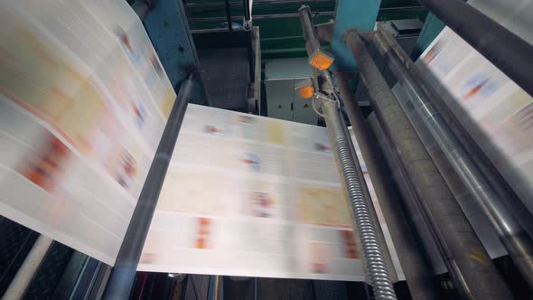 Typography Equipment in Work, Close Up. Sheets of Paper Fastly Go on a Conveyor at a Factory