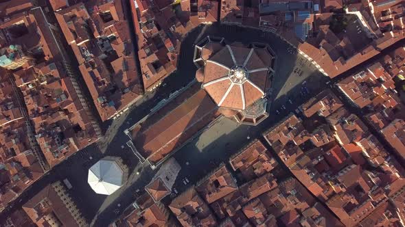 Aerial View. Top View of the Cathedral Florence, Tuscany, Italy. Flying Over the Florence Roofs.