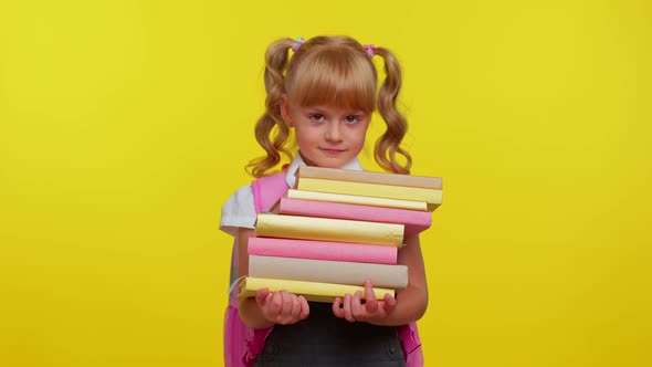 Tired Nerdn School Girl Kid Wear Backpack Holding Stack of Books Looks Exhausted Sad of Homework