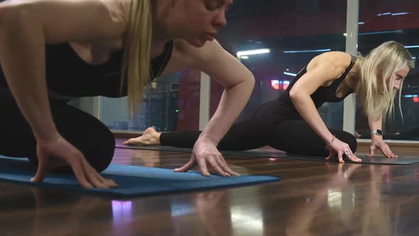 Young Women Group Lesson Practicing Yoga Poses Stretching in Studio