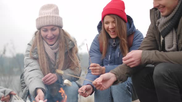 Group of Happy Friends Around Burning Camping Bonfire in Woods Roasting Marshmallows Talking and