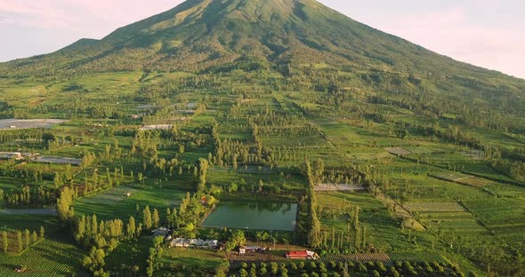 Aerial view of green Mount Sindoro and lake during sunny day in the evening - Save water for dry sea