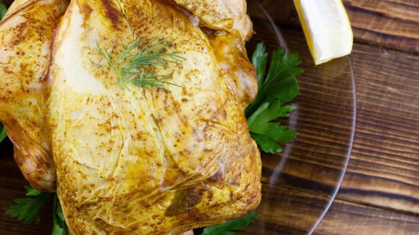 a Whole Baked Chicken with Herbs and Lemon Slices Lies on