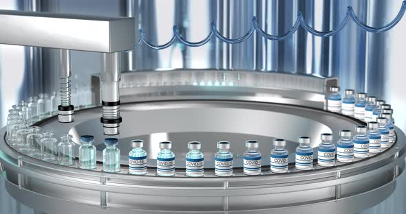 SARSCOV2 COVID19 Mass Production of Coronavirus Vaccine a Machine Pours the Vaccine Seals Bottle