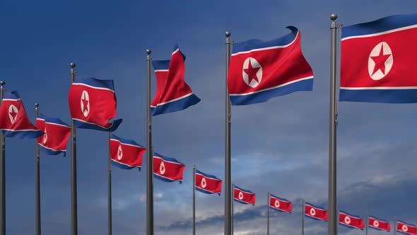 The Norht Korea  Flags Waving In The Wind  - 4K