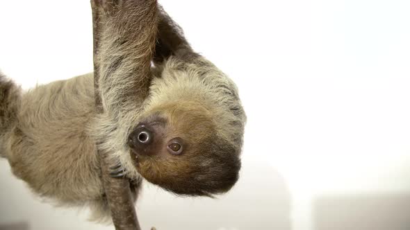 White background sloth with copy space hanging upside down