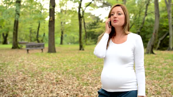 Young Pretty Pregnant Woman Phone with Someone in Park