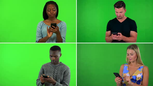  Compilation (Montage) - Four People Work on Smartphones - Green Screen