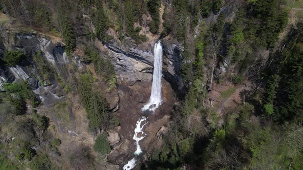 Berschnerfall waterfall in Switzerland, high angle drone view 4k