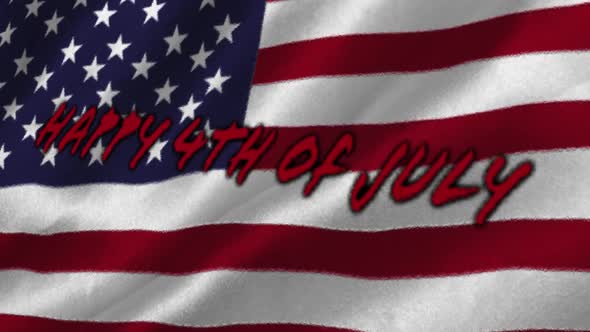 Animation of handwritten text Happy 4th of July with an U.S. flag waving in the background 