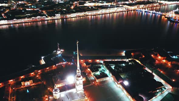 Aerial View of Peter and Paul Fortress Spire with a Gold Cross and an Angel, St Petersburg, Russia