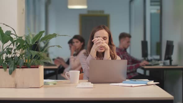 Business Woman Working at Laptop Portrait of Happy Lady Reading Good News