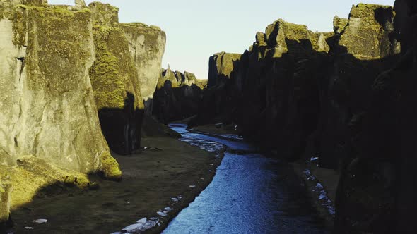 Drone Over Fjaoro River Through Fjaorargljufur Canyon