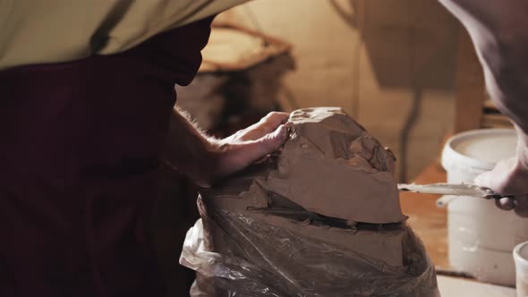 Pottery Craftsmanship Potter Craftsman Hands Working Red Clay Close Up Factory