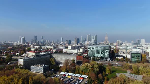 Aerial Hyperlapse of complete Warsaw city modern skyline, Rondo, Palace of Science and Culture, Spir