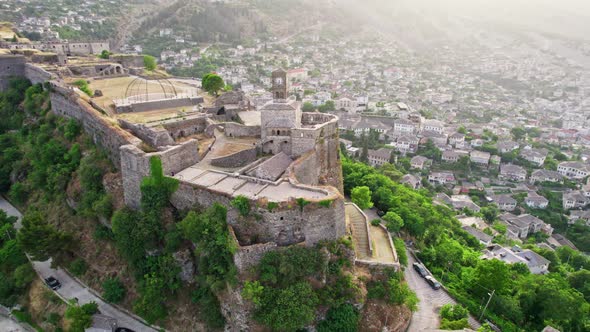 Flying Around Gjirokaster Fortress Castle During Sunset in Albania