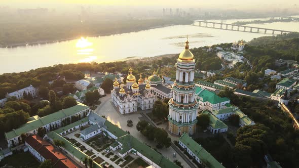 Kyiv, Ukraine: Aerial View of Kyiv-Pechersk Lavra in the Morning at Sunrise.