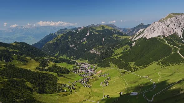 Panorama wide angle view of Malbun Valley in the Principality of Liechtenstein.