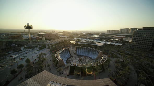 Aerial view of Water Fountain at Jubilee Park, Dubai, UAE.