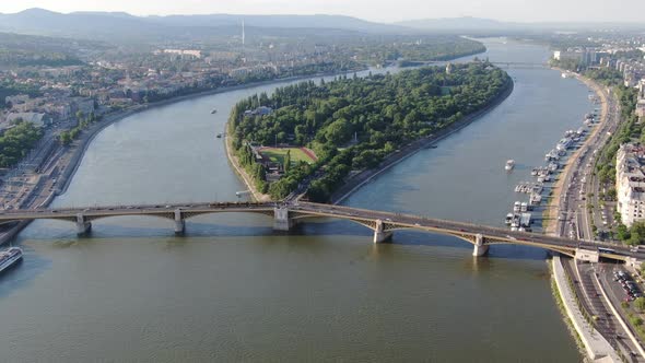 Aerial shot of Margaret island (Margitsziget) and bridge in Budapest, Hungary