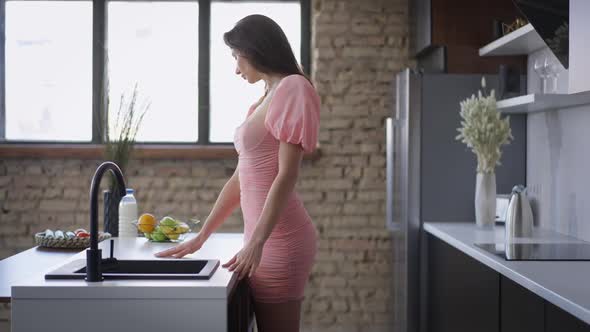 Wealthy Rich Young Caucasian Woman in Pink Dress Touching Countertop in New Home Turning