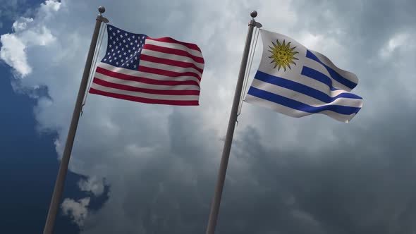 Waving Flags Of The United States And The Uruguay 4K