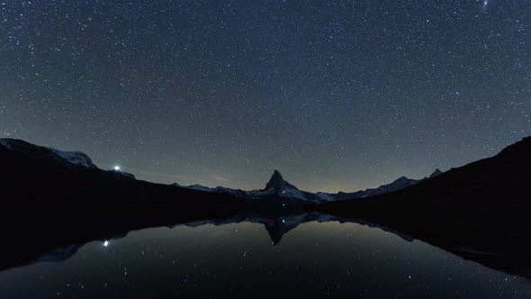 Incredible Night View of Stellisee Lake with Matterhorn Peak in Swiss Alps