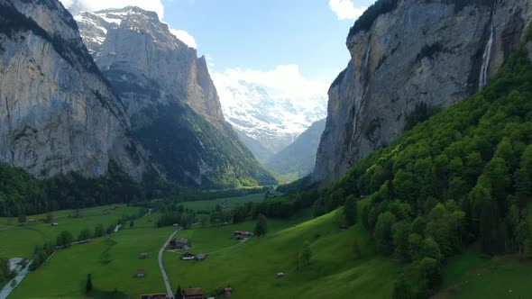 Aerial view of Lauterbrunnen valley at the foot of the Bernese Alps, Switzerland