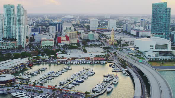 Aerial view of a marina in Miami