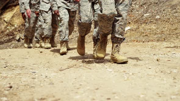 Military troops walking at boot camp 4k