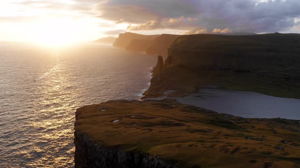 Aerial View of Beautiful Orange Sunset in Faroe Island