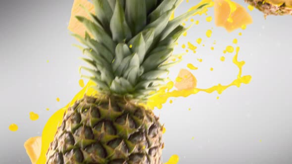 Pineapple with Slices Falling on Grey Background