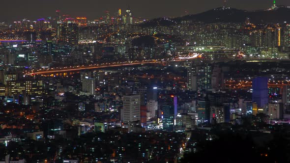 Timelapse Modern Seoul Illuminated Buildings and Roads