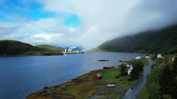 Ariel view in Sigerfjord cloudy summer day with a rainbow, old factory part 2