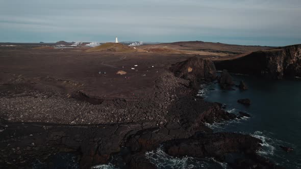 Drone Over Sea Towards Coastline And Landscape Of KeflavK