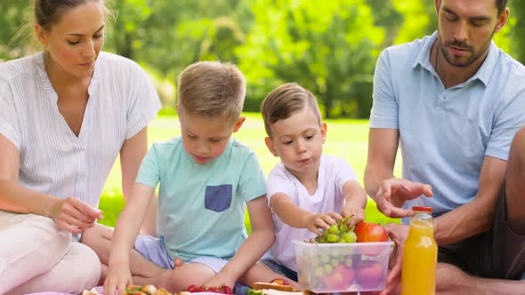 Happy Family Eating Fruits on Picnic at Park
