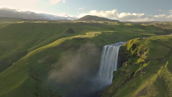 Aerial Skogafoss Waterfall Green Iceland