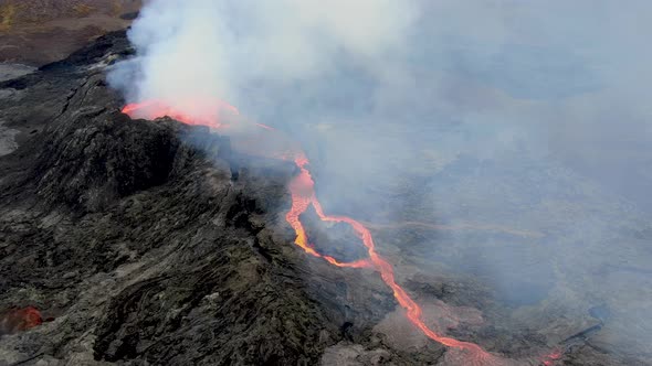 Aerial view of Fagradalsfjall erupting volcano near Grindavik, Iceland