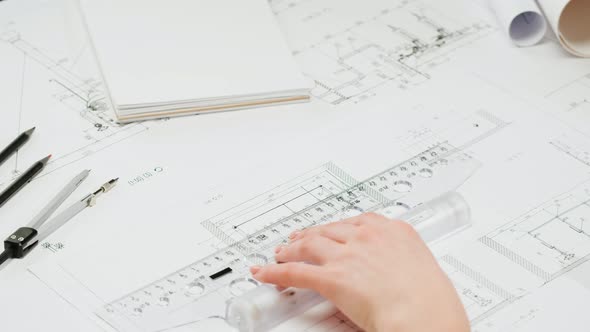 Architect Designer Drawing Plan Blueprint Closeup