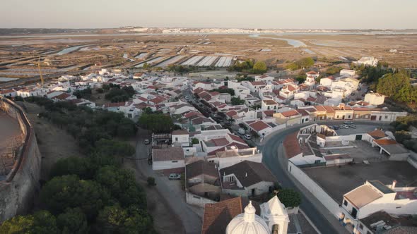 Charming town, aerial reveal of church Igreja Matriz Castro Marim, Algarve, Portugal