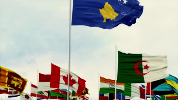Kosovo Flag With World Globe Flags Morning Shot
