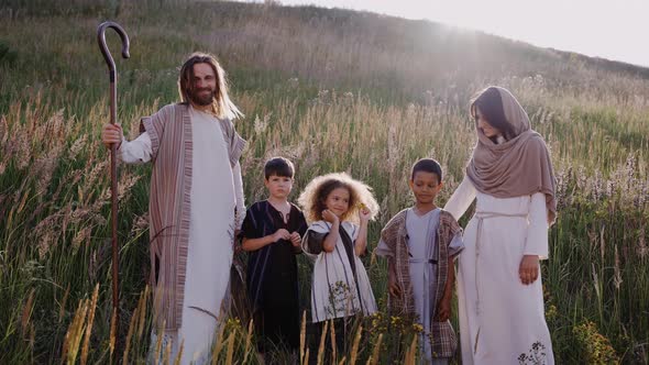 Jesus with Stuff Children and Mary Among the Ears on the Hill